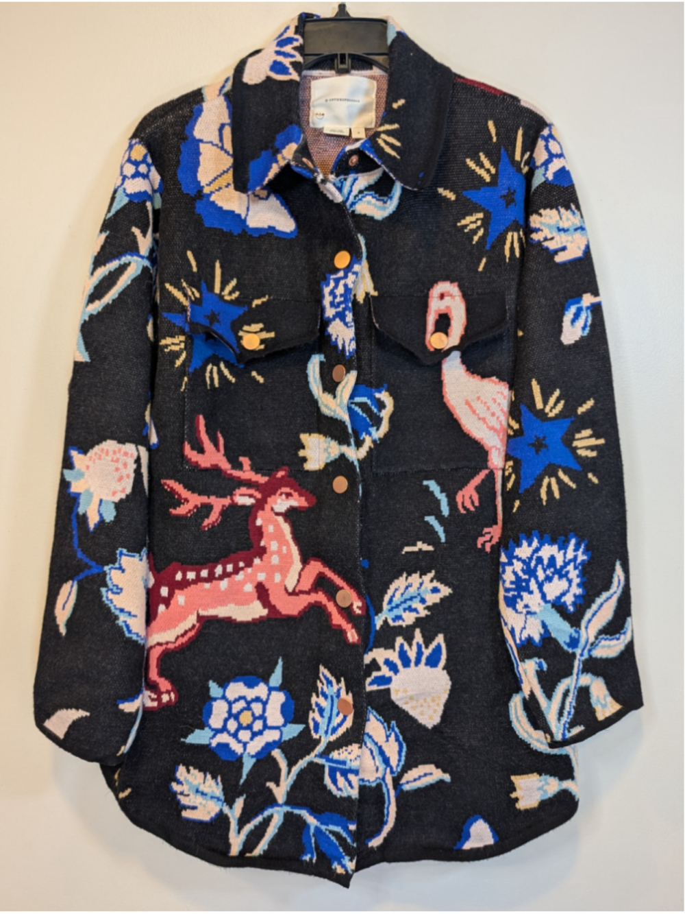 By Anthropologie Icon Jacquard Tapestry Cardigan Jacket Pink Deer Large Med